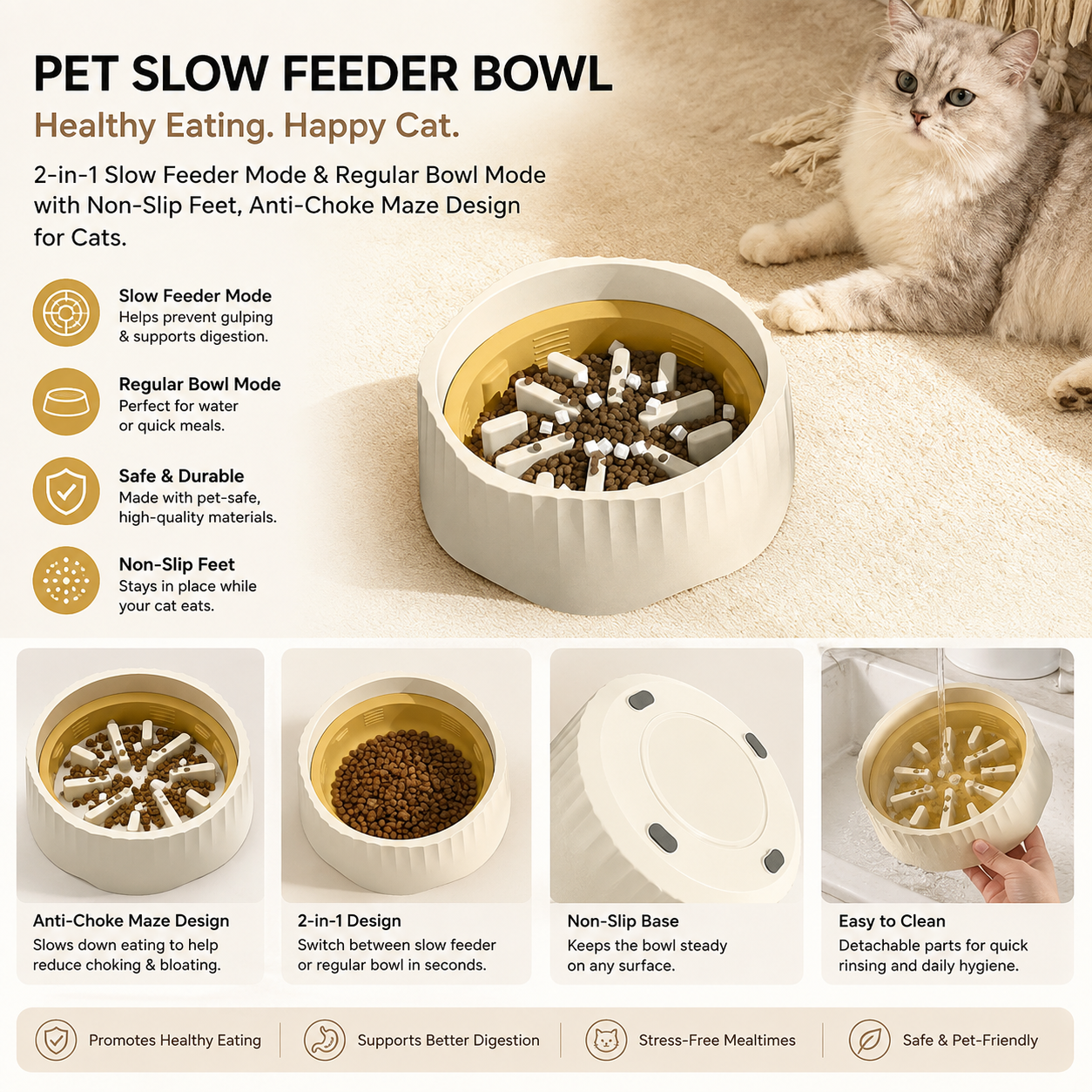 2-in-1 Slow Feeder Cat Bowl — Anti-Gulp Maze & Non-Slip Design