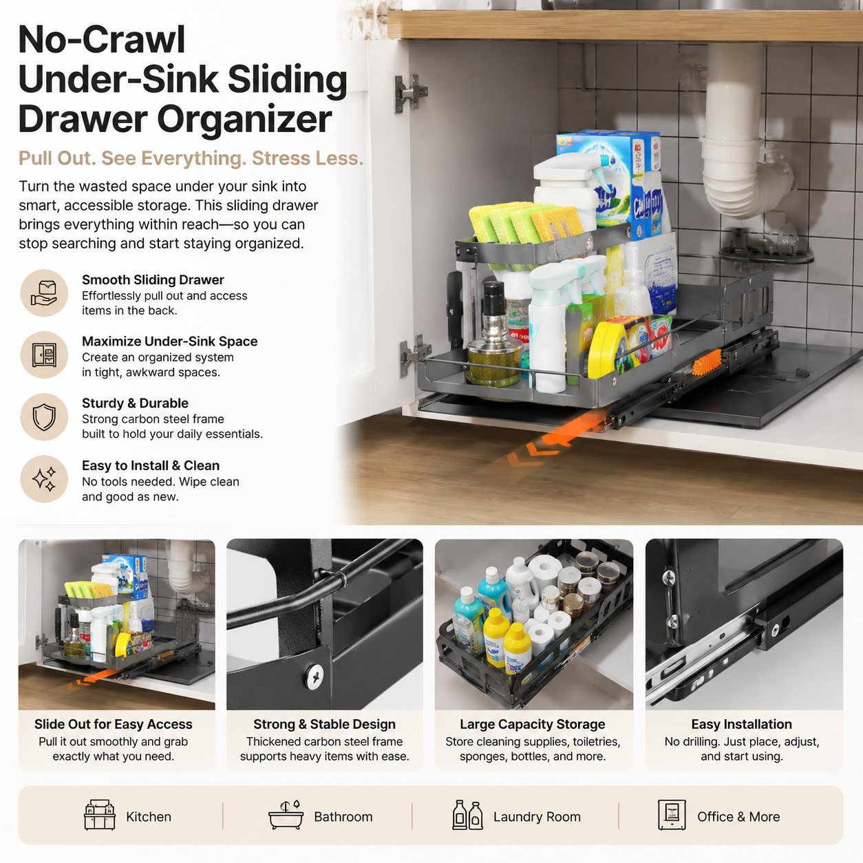 Under-Sink Sliding Drawer Organizer — Pull-Out Storage for Kitchen & Bathroom