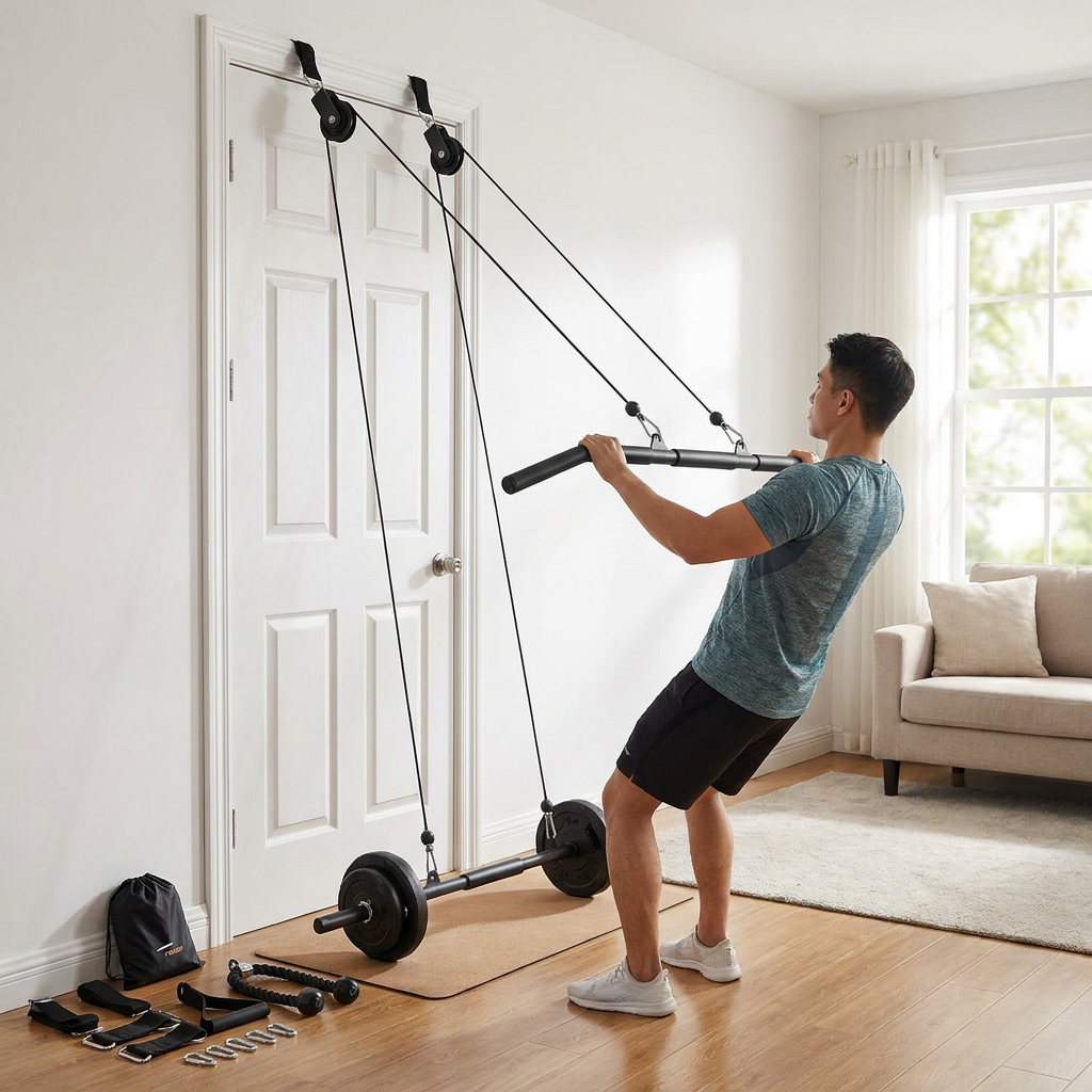 Using the door-mounted cable pulley system for a home workout