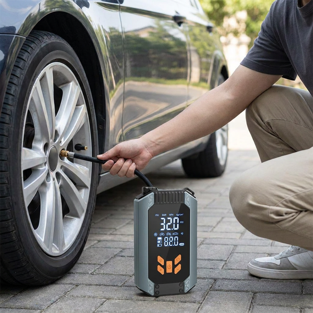 Filling a tire with the digital auto shut-off tire inflator