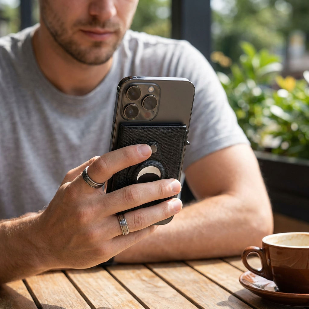Holding a phone with the MagSafe slim wallet attached
