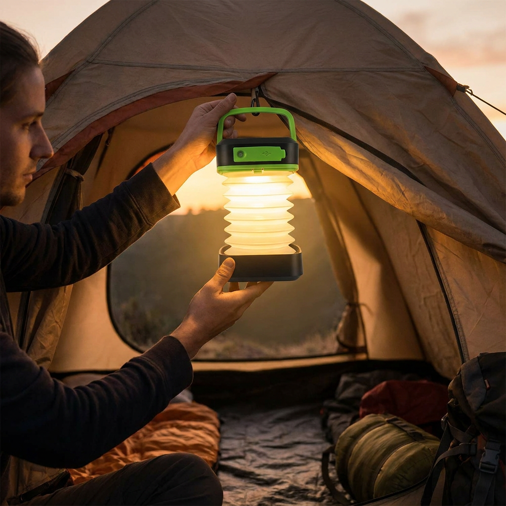 Setting up the packable solar camping lantern inside a tent