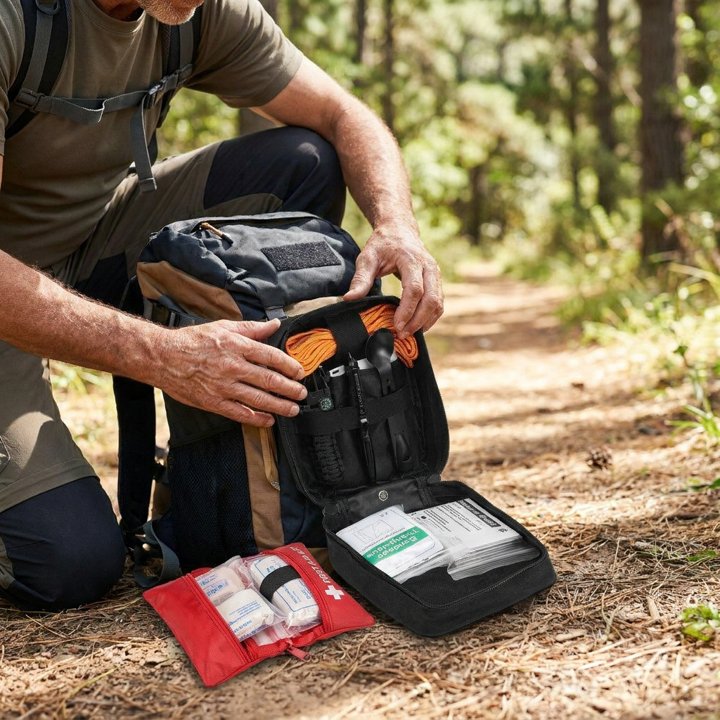 Opening the compact weatherproof first aid and survival kit on a hike