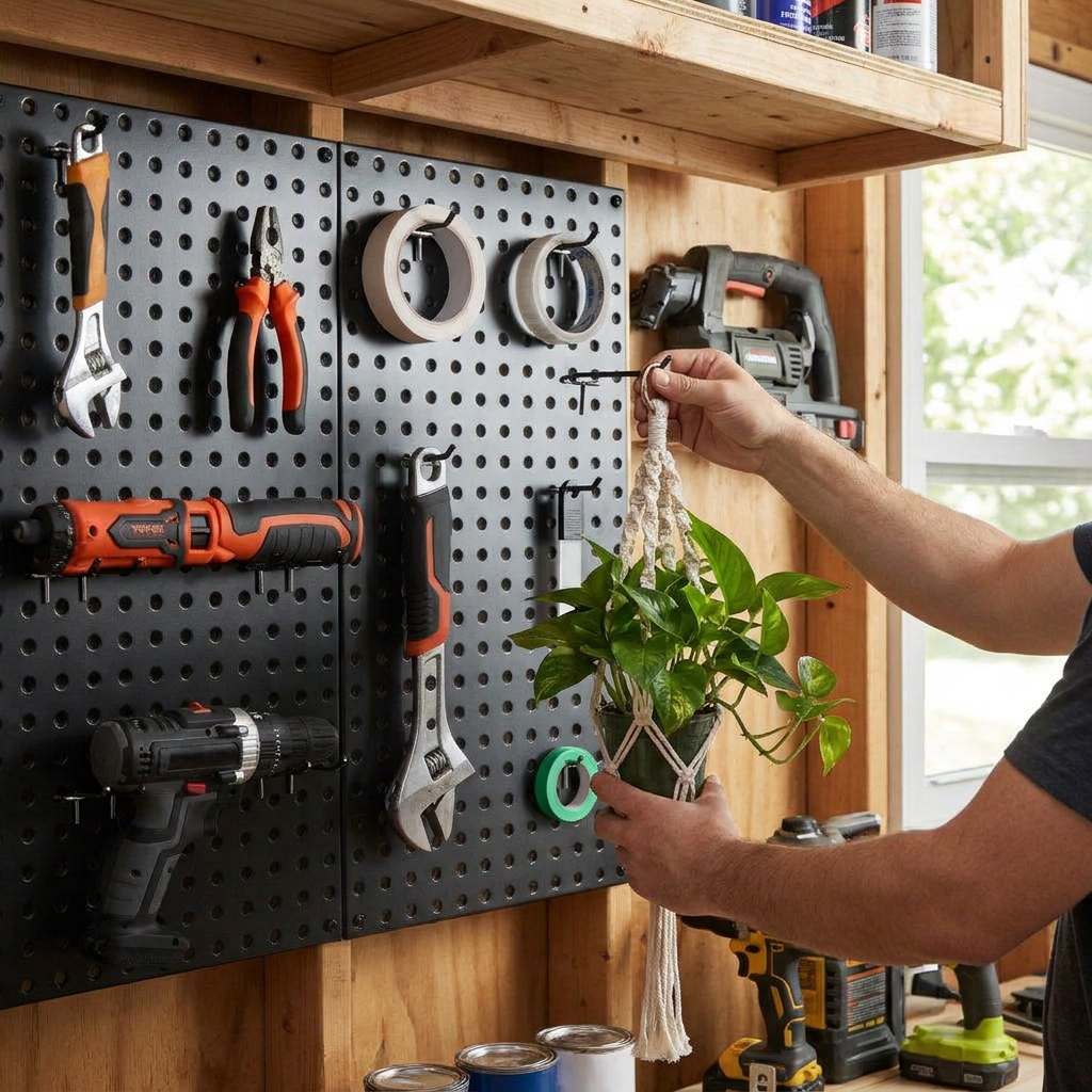 Hanging a plant and tools on the customizable pegboard kit